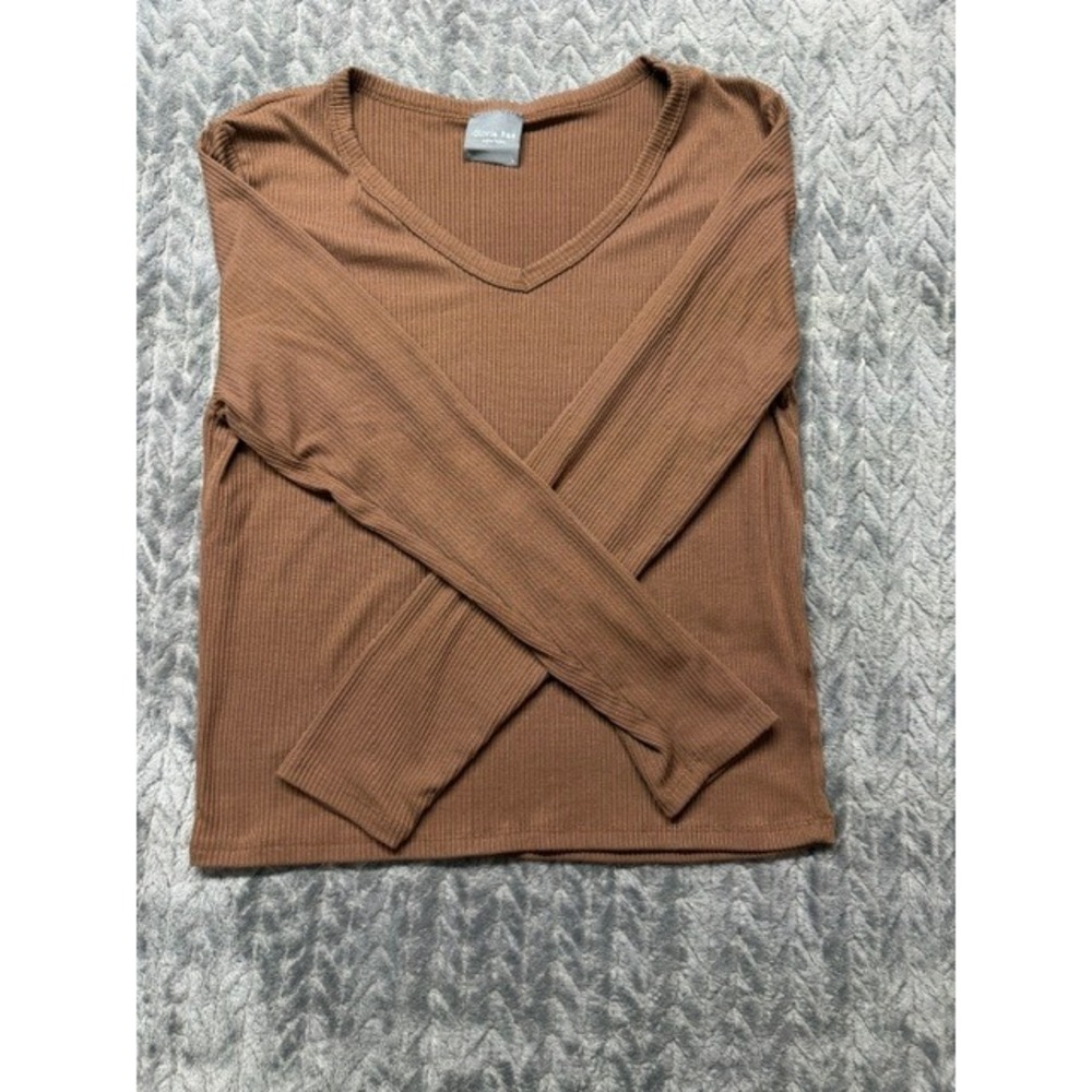 Olivia Rae New York Brown Ribbed V-Neck Long Sleeve Top Large 0630